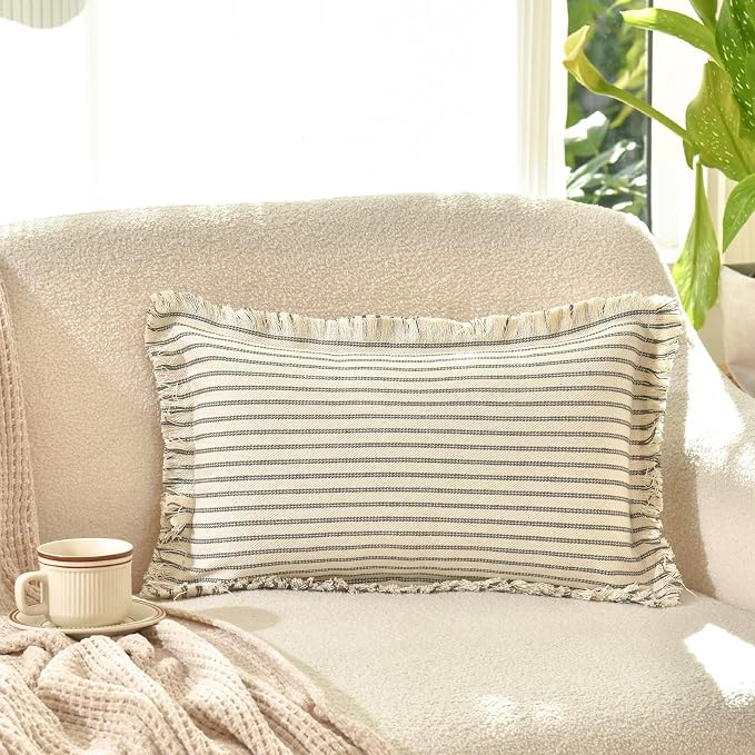 ZWJD Throw Pillow Covers 12x20 Set of 2 Striped Pillow Covers with Fringe Chic Cotton Decorative Pillows Square Cushion Covers for Sofa Couch Bed Living Room Farmhouse Decor, (Gray)