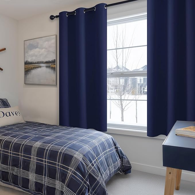 Hiasan Blackout Curtains for Bedroom - Thermal Insulated & Light Blocking Window Curtains for Living Room, 2 Drape Panels Sewn with Tiebacks, Navy Blue, 38 x 54 Inch
