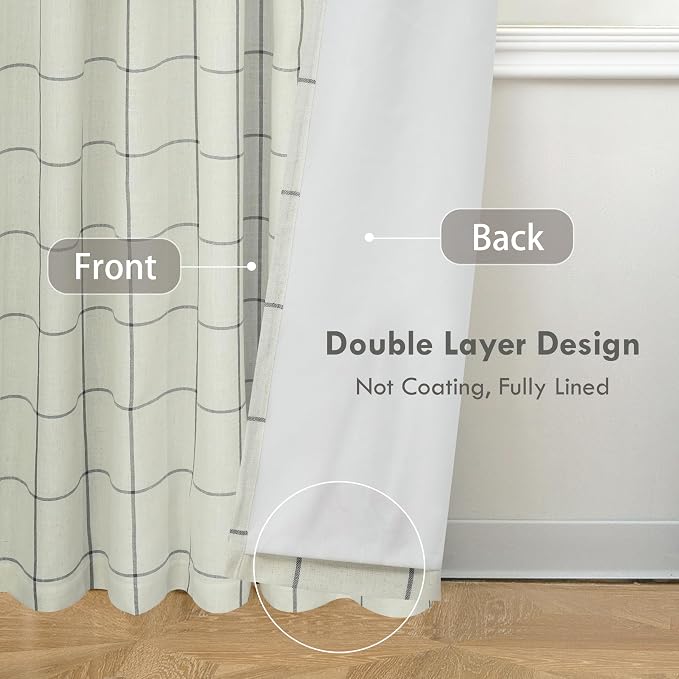 DriftAway 100% Blackout Plaid Linen Curtains 96 Inches Long 2 Panels Black | 100% Blackout, Linen Texture, Plaid Pattern, Two Layers, Rod Pocket & Back Tab, Bedroom Living Room Use, Luxury Appearance