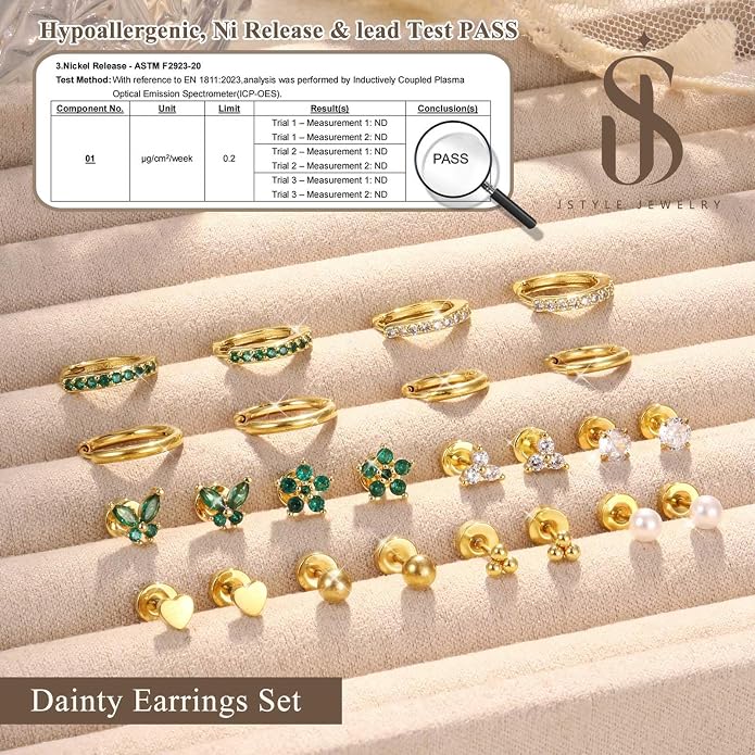 Jstyle Hypoallergenic 14K Gold Plated Stud Hoop Earrings for Women Men Surgical Stainless Steel Flat Back Earrings Small Huggie Hoops Cartilage Earring Set for Multiple Piercing Jewelry Gift for Women