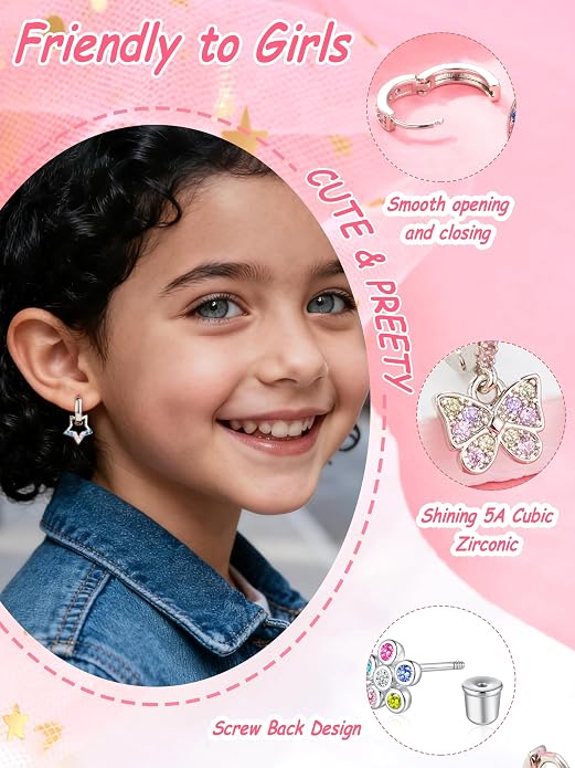 Hypoallergenic Screw Back Earrings for Women Girls Kids Surgical Steel Earrings for Sensitive Ears Cute Heart CZ Flower Butterfly Toddler Girl Earrings Screwback Studs Hoops