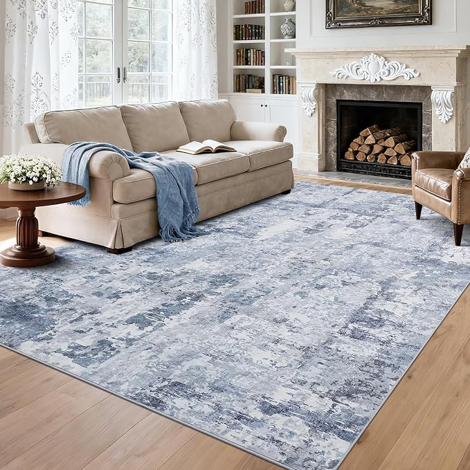 GarveeHome 6x9 Abstract Area Rugs Blue Washable Living Room Bedroom Rug | Soft Low Pile Non Slip Accent Rug for Living Room, Dining Room, Modern Neutral Indoor Carpet