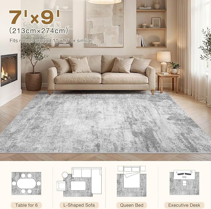 cotiled 6x9 Area Rugs Abstract Soft Non Slip Washable Living Room Rug | Stain Resistant, Robot Vacuum & Pet Friendly, Low-pile, For Living Room, Bedroom, Dining Table, Nursery Grey