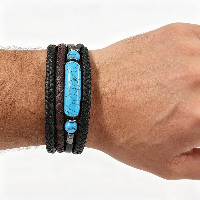 Mens Turquoise/Lapis Lazuli/Tiger Eye/Black Agate/Obsidian Leather Braided Bracelets for Father's Day/Birthdays/Graduation Jewelry Wristband Cuff Bracelet with Stainless Steel Clasp