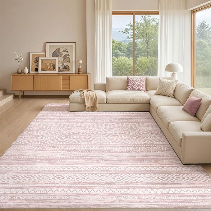 Tortania Area Rug Living Room Rugs- 12x18 Washable Large Soft Neutral Boho Moroccan Bohemian Farmhouse Rug Indoor Floor Carpet for Bedroom Under Dining Table Home Office Decor - Pink