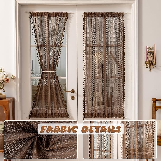 Sutuo Home Dark Coffee French Boho Door Curtains for Front Door Glass & Sidelights, Farmhouse Light Filtering Bohemian Tassels Vintage Privacy Drapes for Door Window, Rod Pocket 2 Panels 25" W x 72" L