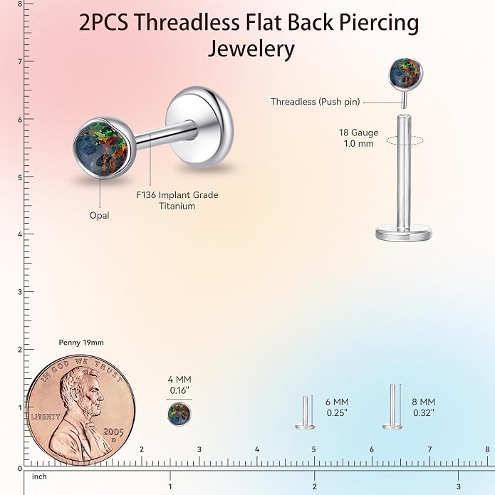 limerencia 18G Hypoallergenic Titanium Opal Threadless Nose Stud Earrings, 2PC Flat Back Push in Stud Earrings Labret Medusa Monroe Helix Cartilage Tragus Conch Piercing Jewelry for Women Men