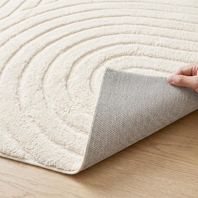 Washable Beige 9x12 Modern Geometric Area Rugs Living Room Bedroom | Soft Plush Boho Solid Color Carpet, High-Low Pile 3D textured Durable Non-Slip 9'x12' Rugs for Kids Room, Nursery, Apartment
