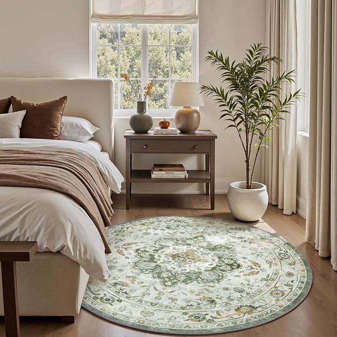 PADOOR 6FT Round Rug,Rugs for Living Room,Soft Green Circle Rug,Machine Washable Rugs for Bedroom,Non Slip Carpet,Rug for Dining Room Living Room Bedside Office