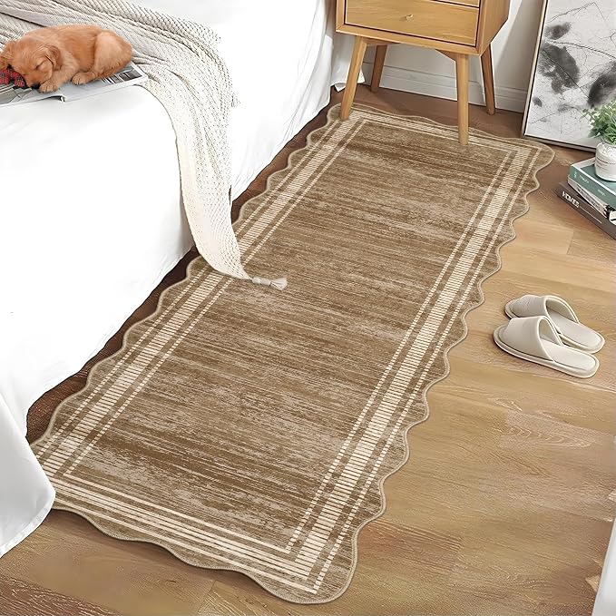 Garvee Scalloped Washable Runner Rugs for Hallway 2x6 Kitchen Runner Rug, Non Sip Bathroom Soft Rug Runner, Low Pile Modern Abstract Scalloped Indoor Carpet for Entryway Laundry Room Foyer, Brown | Modern Long Runner Rug for Entryway Bedroom, Non Slip ...