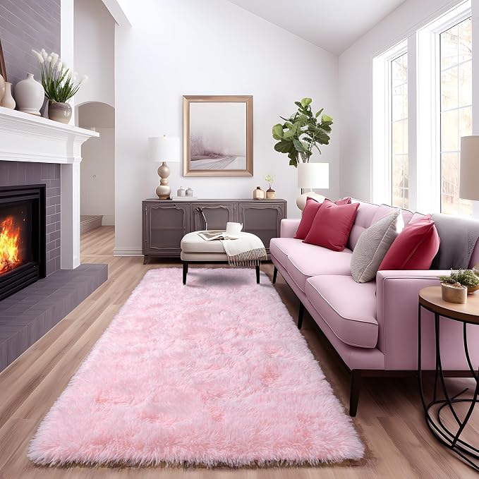 Dssimo 2x6 Pink Runner Rug for Bedroom Hallway Living Room | Soft Fluffy Shag Upgrade Non-Slip Carpet for Kids, Girls and Teens Room Decorations for Living Room Dorm Nursery Classroom