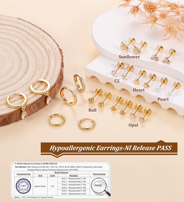 MJust 18 Pairs Women‘s Hypoallergenic Flat Back Stud Earrings, 20g Stainless Steel Earrings Sets for Men, Tiny Unisex Screw Back Cartilage Earrings.