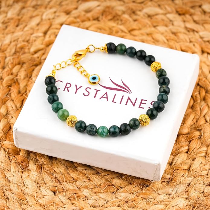 AAA Grade Natural Gemstone Beaded Bracelet, 14K Gold Plated with Evil Charm, Wicca & Reiki Healing Crystals, Handmade Bohemian Jewelry, Christmas Gift for Women (7+1inch)