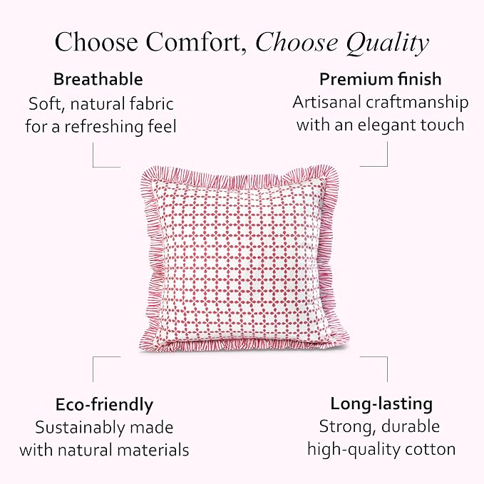 CPC Magenta Pink Hand Block Print 100% Cotton Ruffle Throw Pillow Cover 18x18 inch with Hidden Zipper Decorative for Couch, Bed, Sofa, Farmhouse, Cottagecore Decor Gift Christmas Fall Thanksgiving