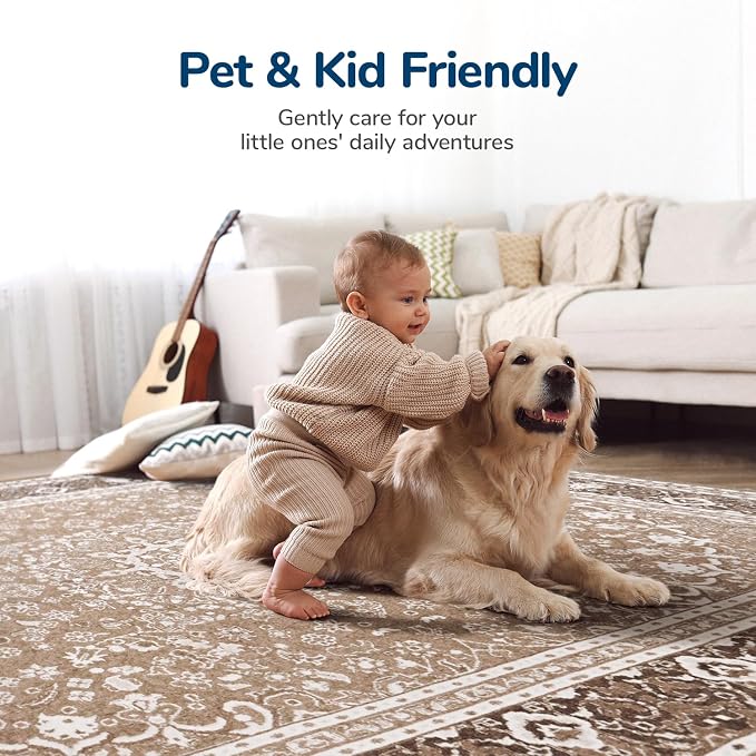 Lessymo 6 x 9 Area Rugs for Living Room, Machine Washable Area Rugs Boho Faux Wool Low Pile Area Rug for Bedroom, Floral Medallion Vintage Rugs with Non-Slip Rubber, Kid & Pet Friendly,Brown White