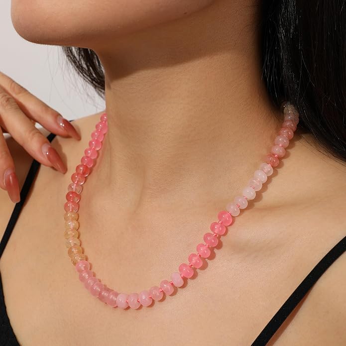 LALAPPLE Colorful Beaded Gemstone Necklace for Women, Boho Rainbow Bead Choker with Natural Stone Crystal Beads, Handmade Summer Beach Necklace Jewelry