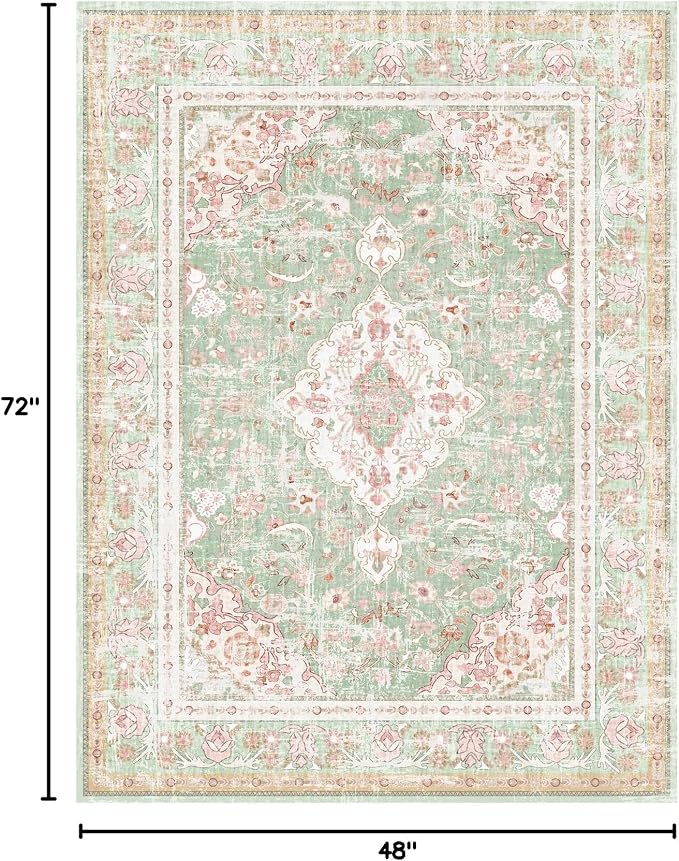 Vhong Washable Area Rugs Boho Vintage Modern Neutral Small Carpet Green and Pink High Traffic Rugs 4×6 for Dinning Room Living Room Bedroom Farmhouse Non Slip