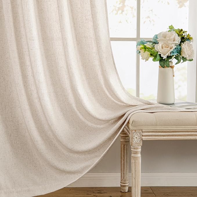 MIULEE Non-See-Through Privacy Linen Curtains 52W x 63L Inch Birch | 2 Panels, Light Filtering, Semi Sheer Window Curtains, Farmhouse Textured, Back Tab Drapes for Bedroom Living Room