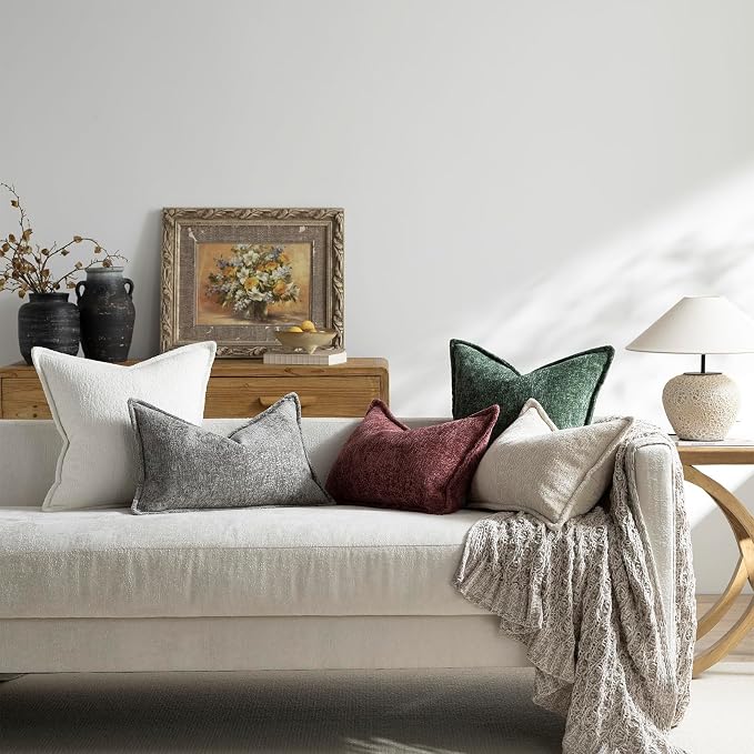 DEZENE Pack of 2 Grey Decorative Throw Pillow Covers 12x20 Cozy Soft Chenille Accent Vintage Rectangular Lumbar Couch Pillow Covers for Home Decor Bed Sofa Living Room