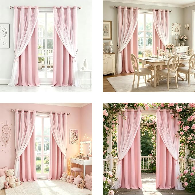 Short Pink Blackout Curtains with Sheer Overlay - Grommet Privacy Drapes, Cute Window Treatments for Kids/Girls Bedroom Nursery LivingRoom, 52 x 54 in, 2 PCs
