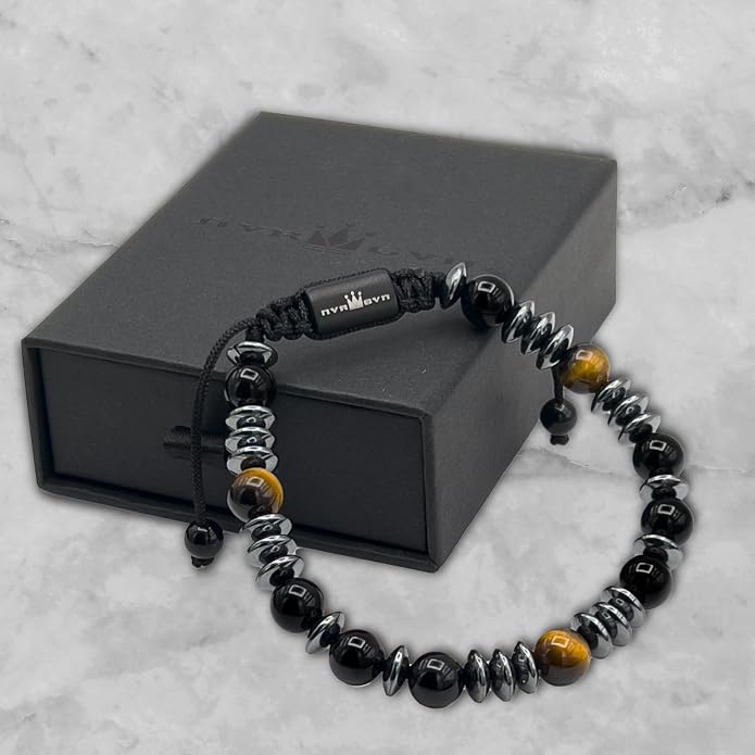 Mens Beaded Bracelet - Stone Jewelry, Black Onyx Hematite Bracelets, Mens Accessories, Adjustable
