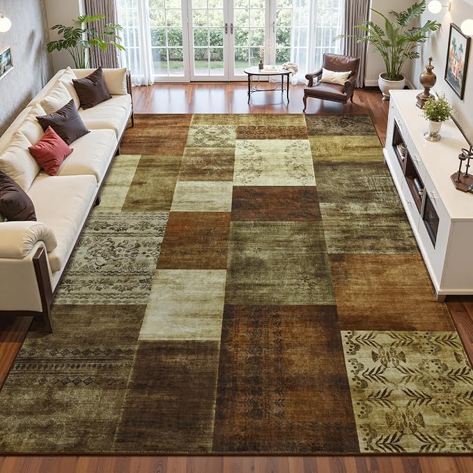 DweIke Washable Area Rugs 5x7 for Living Room, Modern Geometric Brown Soft Patchwork Carpet, Non-Slip Stain Resistant Throw Rug for Bedroom Dining Room Office Home Decor