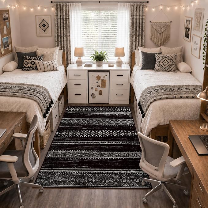 BESTSWEETIE 3x5 Area Rugs for Living Room Washable Moroccan Farmhouse Neutral Geometric Low Pile Non-Slip Soft Print Pattern Rug for Bedroom Kitchen Dining Room Entryway Black/White
