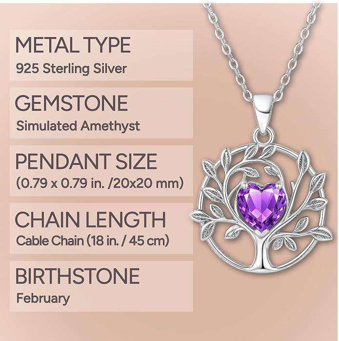 ADITA GOLD Tree of Life Necklace for Women, 925 Sterling Silver Birthstone Pendant, Simulated Gemstone, Jewelry