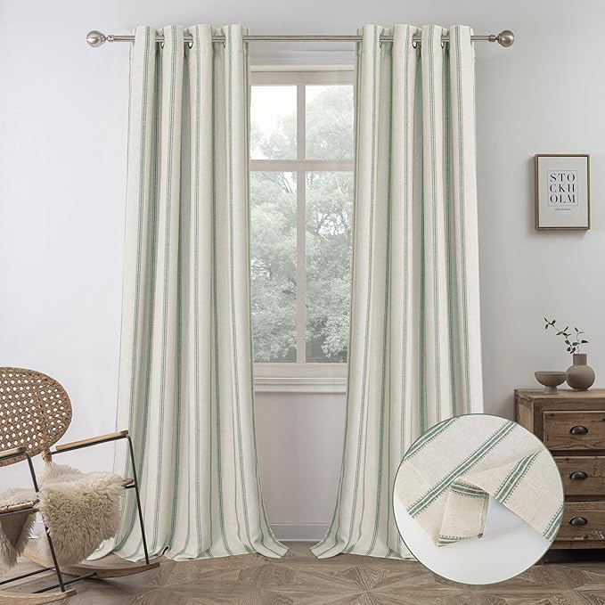 DriftAway Farmhouse Stripe Blackout Curtains, W52xL96, Loden Green | Blackout, Linen Texture, Stripe Pattern, Rod Pocket & Back Tab, Two Layers, Bedroom Living Room Use, Sound Reducing Design