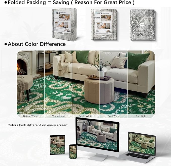 DCX Washable 6x9 Snake Rug, Green Gothic Rug for Living Room, Soft Low Pile Carpet, Kid & Pet Friendly with Rubber Back Non Slip, Stain Resistant Rug for Bedroom Dining Room Office
