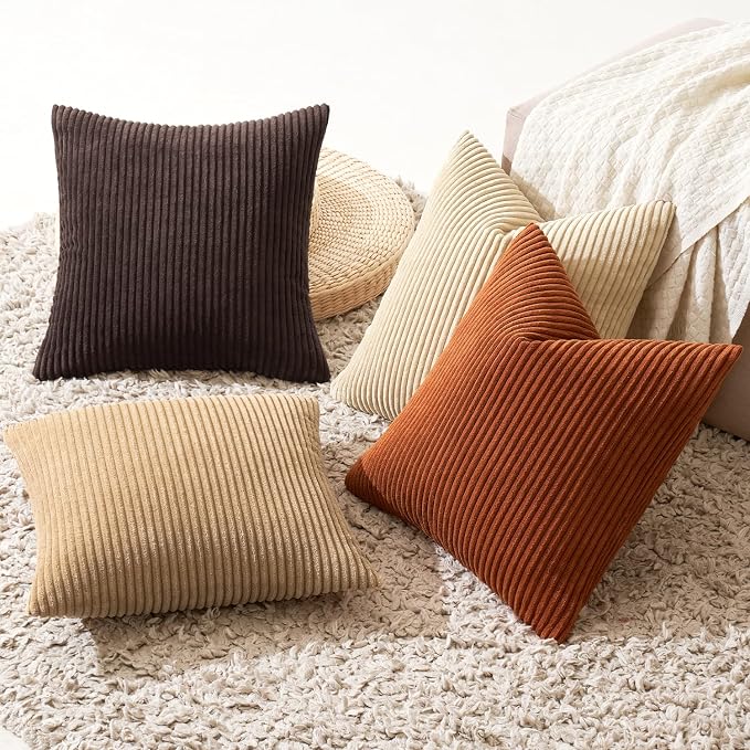 MIULEE Boho Farmhouse Throw Pillow Covers 18x18 Inch Set of 4 Rustic Mordern Neutral Cushion Covers Soft Corduroy Nordic Fall Home Decor for Couch Bed Sofa Living Room Chocolate Brown/Rust