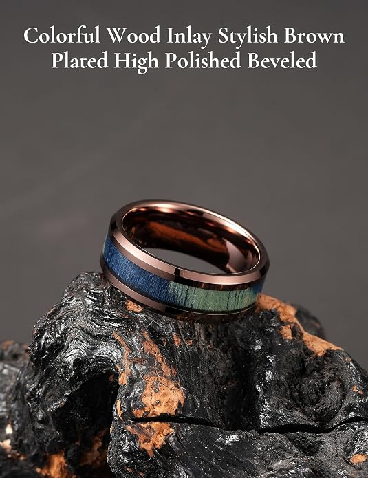 King Will Black Tungsten Wedding Band For Men, 8mm Promise Ring Inlay Red Twill Pattern/Colorful Wood Chips, High Polished Beveled Edge - Suitable For Daily Wear, Comfort Fit Size 7-14