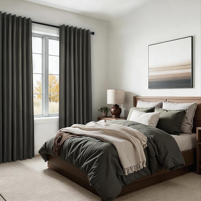 Topfinel 105 Inch Long Linen Blackout Curtains for Bedroom 2 Panels Set Modern Natural Linen Back Tab Pleated Floor to Ceiling Thermal Drapes Hooks Rings 105 in Window Drapes 100% Black Out Dark Gray