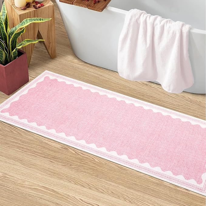 2.5x10 Scalloped Runners Pink Washable Hallways Bedroom Rug | Solid Non Slip Scalloped Bath Runner, Rugs for Bedroom Girls, Rugs for Kitchen Floor Soft Dorm Nursery Carpet for Bedside