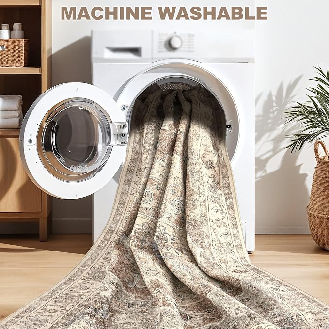 10x12 Washable Area Rug: Vintage Neutral Soft Non Slip Thin Large Floor Carpet for Living Room Bedroom Kitchen Dining Room Home Office Farmhouse Indoor - Beige Brown
