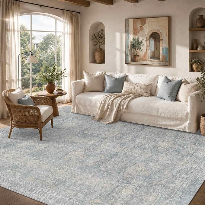 Rugxara 6x9 Area Rugs Washable Rug for Living Room Bedroom, Blue/Beige | Non Slip, Rug for Dining Room Office Farmhouse, Stain Resistant, Soft, Low Pile, Vintage Boho Floral Retro Carpet, Home Decor