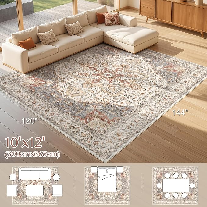 Tortania Area Rug Living Room Rugs - 10x12 Washable Boho Rug Vintage Oriental Distressed Farmhouse Large Thin Indoor Carpet for Living Room Bedroom Under Dining Table Home Office - Orange Multi