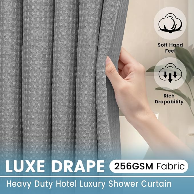 EUTXL Heavyweight Long No Hook Shower Curtain with Snap in Liner,256GSM Waffle Weave Shower Curtains for Bathroom,71W x 77H(75"),Grey