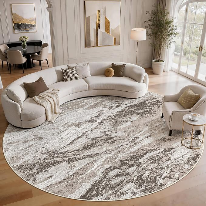 Area Rugs for Living Room: 10ft Round Abstract Washable Rug Modern Neutral Large Soft Stain Resistant Non-Slip for Bedroom Dining Room Indoor Home Office Carpet - Brown