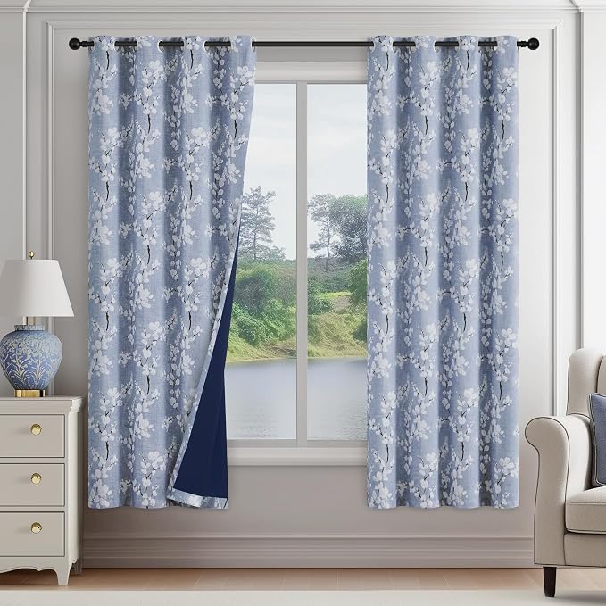 FMFUNCTEX 100% Blackout Blue Floral Curtains 63 Inch Long Grommet 2 Panels | Black Out Drapes, Thermal Insulated Cottage Farmhouse, Blossom Flower Patterned Curtain for Bedroom, Living Room Darkening
