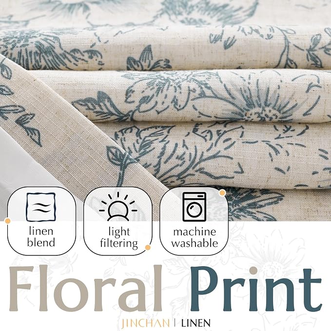 jinchan Blue Floral Linen Curtains Lined 84 Inch Vintage Back Tab 2 Panels | Privacy lining, light filtering drapes, vintage, cottagecore, french country, rustic, bedroom, living room, window treatment