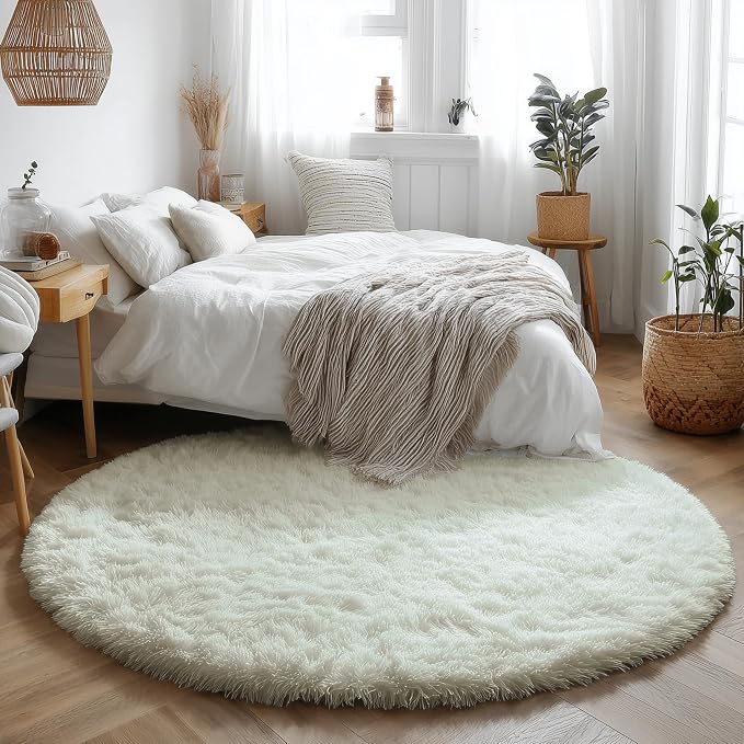 Amdrebio Ivory White Big Round Rug 7Ft for Kids Bedroom Aesthetic, Fluffy Fuzzy Furry Circle Area Rugs for Living Room, Large Plush Soft Shaggy Cream Carpet for Baby Nursery Classroom Teen Girls Boys