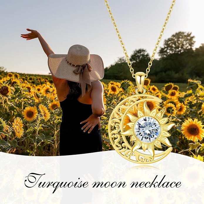 Crescent Moon Necklace for Women 18K Gold Plated Silver Moon and Sun Pendant with Gemstone Dainty Birthstone Jewelry Pendant Necklace for her