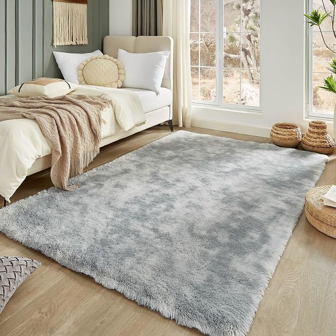 Floralux 5x7 Area Rug for Bedroom, Tie-Dye Light Grey, Living Room Shag Rugs, Non-Slip Shaggy Floor Carpet for Teens Dorm, Bedside, Playroom, Nursery, Home Decor Aesthetic