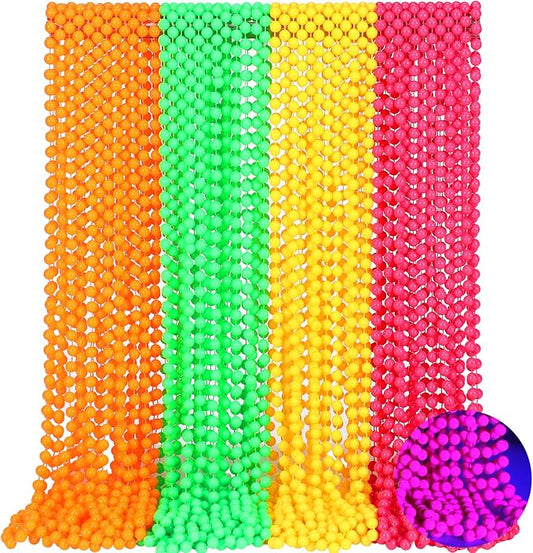 Ecally 24 Pieces Neon Beads Necklaces 33" Glow in The Dark UV Neon Bead Necklaces Glow Party Supplies 80s UV Black Light Accessories Bulk for Birthday Decorations Wedding Mardi Gras Party