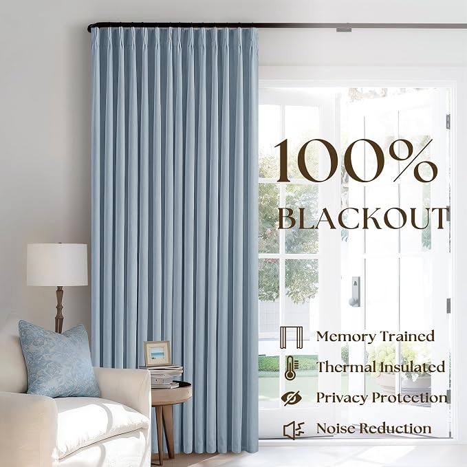 Light Blue Pleated Linen Blackout Curtains 90 Inches Long 2 Panels W40xL90 | Pinch Pleat with Ring Hooks Back Tab, 100% Black Out Thermal Insulated Drapes with Liner, for Bedroom Living Room, Dusty Blue
