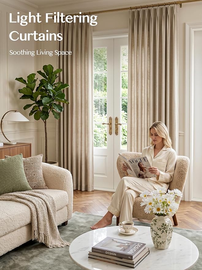 THREE GIRLS Pinch Pleated Linen Curtains 84 Inch Length 2 Panels, Light Filtering Linen Blend Drapes 40" W x 84" L, Burlywood Birch Neutral Curtains for Living Room Bedroom with Hooks