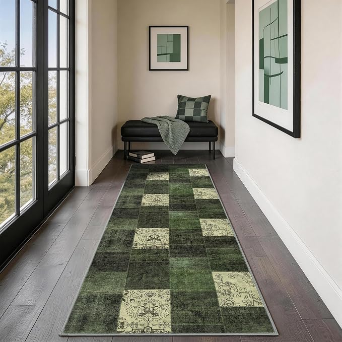 LIANLAM 2x6 Washable Runner Rug for Hallway&Kitchen,Non-Slip Long Carpet with Vintage Boho Checkered Design,Ultra-Thin Low Pile,Stain Resistant Easy Clean Floor Mat for High Traffic Areas(2x6,Green)