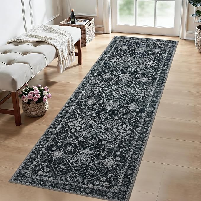 Joydeco Washable 2x6 Hallway Runner Vintage, Dark Gray&Light Gray&Black | Water Resistant Low Pile Non Slip Backing for Kitchen Entryway Bedroom Bathroom Dining Room