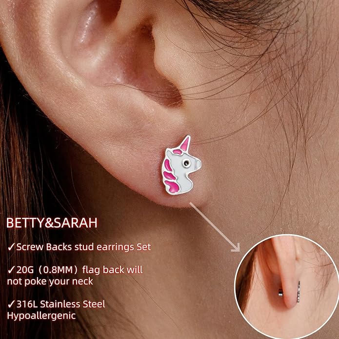 16 Pairs Hypoallergenic Screw Back Earrings for Women Girls 316L Stainless Steel Unicorn Butterfly Strawberry Cherry Flat Back Stud Earrings Jewelry Gift